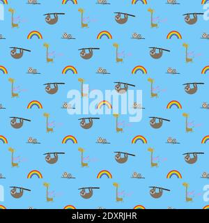 cute colorful seamless pattern background for children with sloth, owls, giraffe and rainbow vector illustration Stock Vector