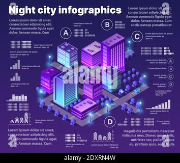 Isometric neon city infographics of violet colors Stock Vector