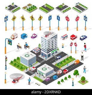 Isometric set building houses icons of blocks module Stock Vector