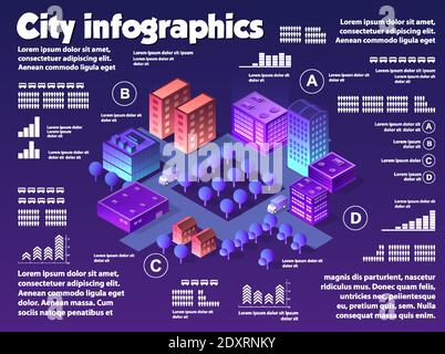 Isometric neon city infographics of violet colors Stock Vector