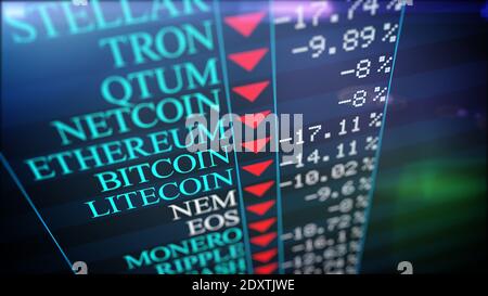 Crypto Currency market concept. Bank market and virtual currency value rank. Abstract Slump Statistics comparison of selling crypto coins on stock exc Stock Photo