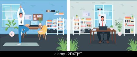 Workout in workplace flat color vector illustration set Stock Vector