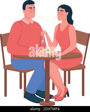 Man and woman eating spaghetti flat color vector detailed characters Stock Vector