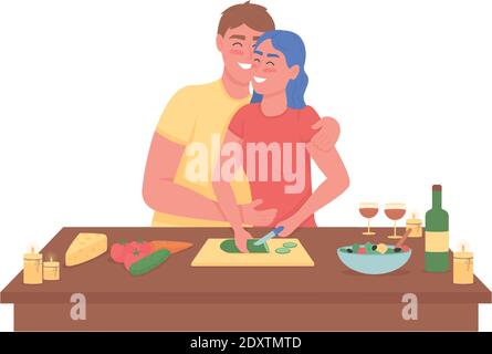 Happy couple cooking romantic dinner flat color vector detailed characters Stock Vector