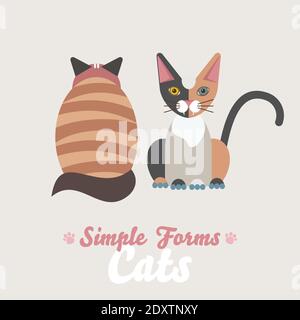 Flat cats sitting back and front view isolated vector. Cartoon illustration domestic cats logo icon Stock Vector