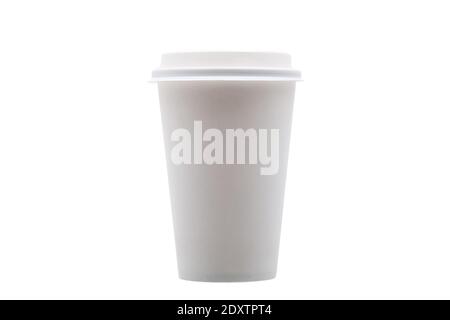 takeaway cardboard disposable coffee cup side view, eco friendly object mockup isolated on white background with copy space, nobody. Stock Photo