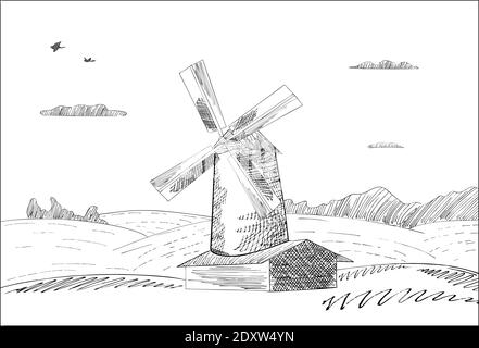 Rural monochrome landscape with windmill and wheat fields. Illustration of production organic agricultural, ecological food. Vector hand drawn vintage Stock Vector