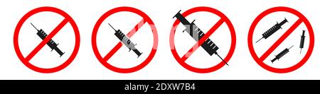 No drugs allowed. No syringe sign on white background. Stop Drugs icons set. Vector stock illustration. Stock Vector