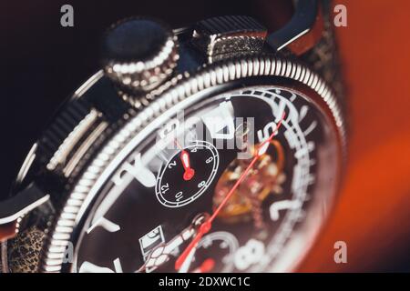 Mechanic wrist watch, closeup fragment photo with selective soft focus Stock Photo
