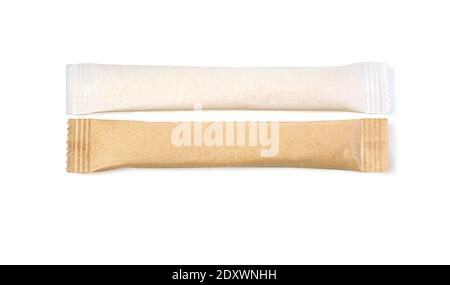 Brown and white paper sachets isolated on white background with clipping path Stock Photo