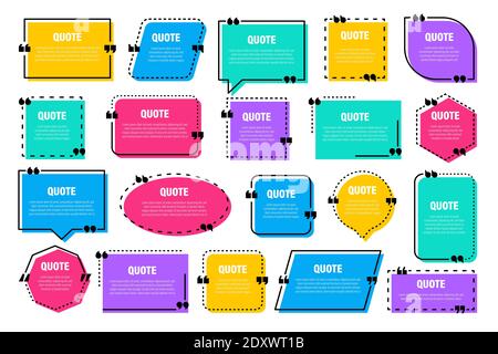 Set of colorful isolated quote frames. Speech bubbles with quotation marks. Blank text box and quotes. Blog post template. Vector illustration. Stock Vector