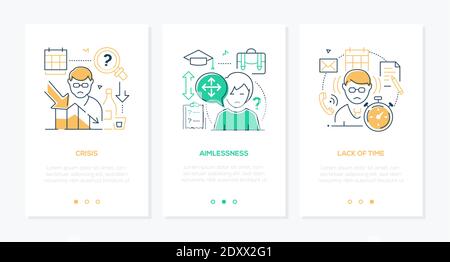 Human psychological problems line design style web banners with copy space for text. Crisis, aimlessness, lack of time issues linear illustrations. Me Stock Vector