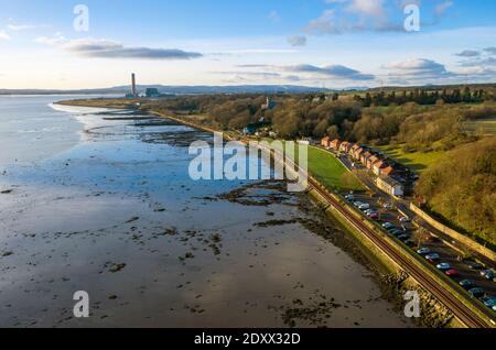 Aerial view of the de-commissioned Longannet coal fired power station at Kincardine of Forth, Scotland. Stock Photo