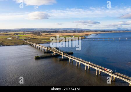 Aerial view of the Kincardine bridge and Clackmannanshire bridge