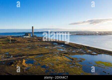 Aerial view of the de-commissioned Longannet coal fired power station at Kincardine of Forth, Scotland. Stock Photo