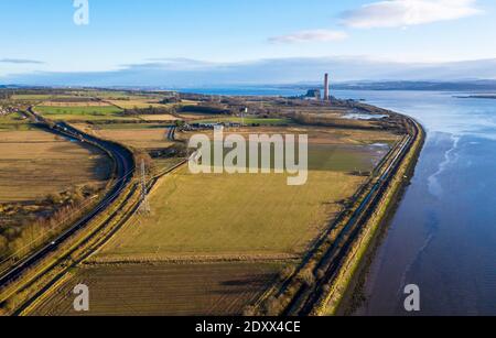 Aerial view of the de-commissioned Longannet coal fired power station at Kincardine of Forth, Scotland. Stock Photo