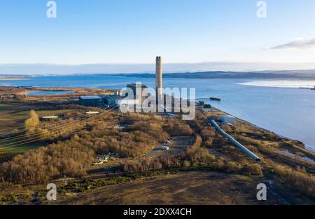 Aerial view of the de-commissioned Longannet coal fired power station at Kincardine of Forth, Scotland. Stock Photo