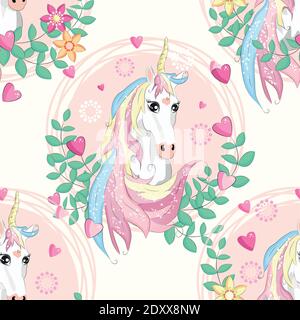 Seamless pattern with unicorns, donuts rainbow, confetti and other elements Stock Vector