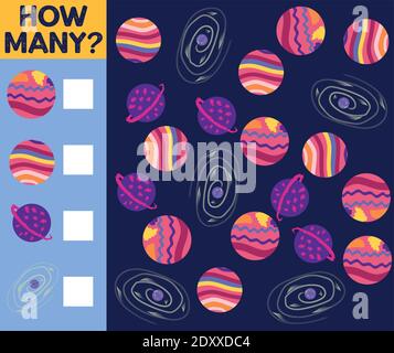Counting Game for Preschool Children. Educational a mathematical game. Count how many space objects and write the result Stock Vector