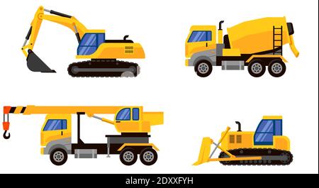 Different types of heavy machinery side view. Vehicles for executing construction tasks. Stock Vector