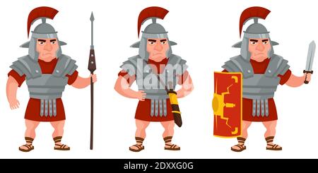 Roman warrior in different poses. Male character in cartoon style. Stock Vector