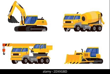 Set of heavy machinery three quarter view. Vehicles for executing construction tasks. Stock Vector