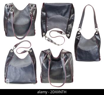 set of handcrafted gray leather handbag with big pocket and red edges isolated on white background Stock Photo