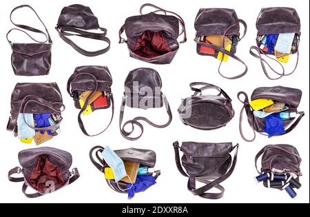 set of hand-crafted woman's leather bag with contents isolated on white background Stock Photo