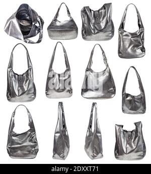 set of handcrafted handbags from soft silver leather isolated on white background Stock Photo