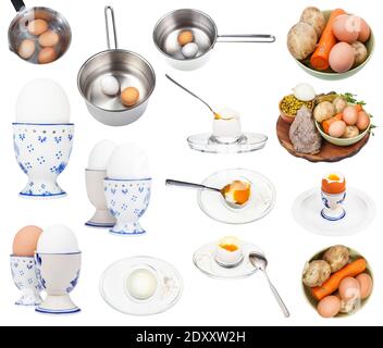 set of various boiled eggs isolated on white background Stock Photo
