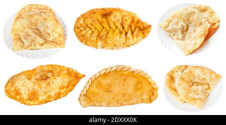 set of various Cheburek deep-fried dumplings isolated on white background Stock Photo