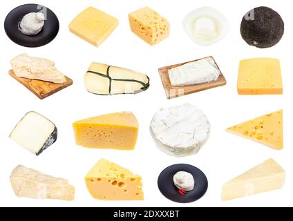 collection of various pieces of cheeses isolated on white background Stock Photo