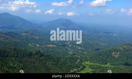 Panorama of the Central plateau in Sri Lanka with views of the mountains-outliers, cloud forest, villages and fields Stock Photo