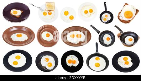 set of various fried eggs on plates and pans isolated on white background Stock Photo