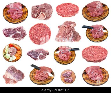 set of various beef meat pieces isolated on white background Stock Photo