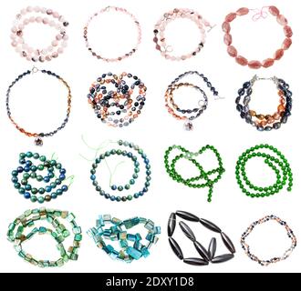 collection of various strings of beads from gemstones (rose quartz, nephrite, jade, nacre, river pearls, aventurine, agate, azurite, malachite) isolat Stock Photo