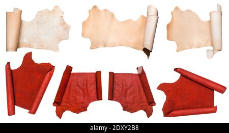 set of rolled pieces of leathers isolated on white background Stock Photo