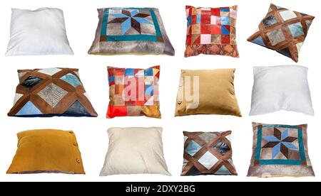set of various handmade pillows isolated on white background Stock Photo