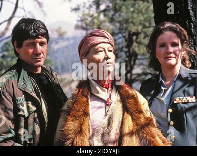 REMO WILLIAMS: THE ADVENTURE BEGINS 1985 Orion Pictures film with from left: Fred Ward as Remo Williams, his Korean adviser Chiun (Joel Grey) and Kate Mulgrew as Major Rayner Fleming Stock Photo