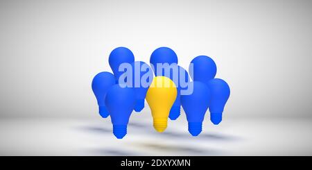 Ideas and innovation concept: 3D rendered retro type light bulbs on white background. A group of blue and one in bright shining yellow. Creativity Stock Photo