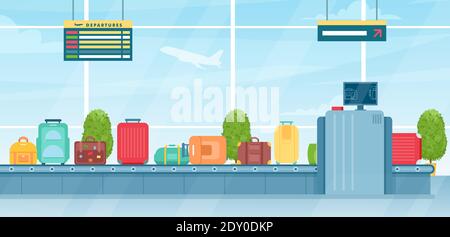 Travel suitcases on baggage conveyor belt in airport terminal, passenger luggage bags Stock Vector