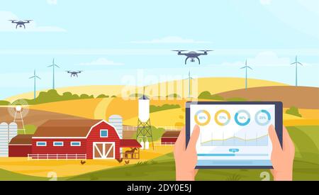 Agriculture innovation farm technology, cartoon hands with tablet for smart farming Stock Vector