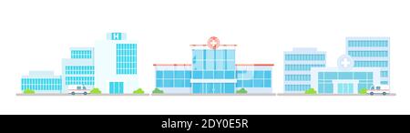 Hospital building medical office set, cartoon modern medicine clinic skyscrapers Stock Vector
