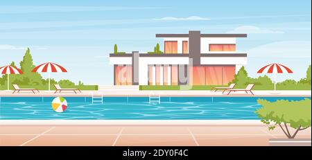 Water swimming pool summer vacation landscape, cartoon no people luxury poolside Stock Vector