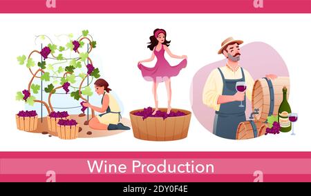 Wine production in traditional winery set with characters produce natural alcohol drink Stock Vector