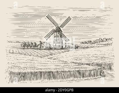Wheat field and windmill sketch. Farm landscape vintage vector illustration Stock Vector