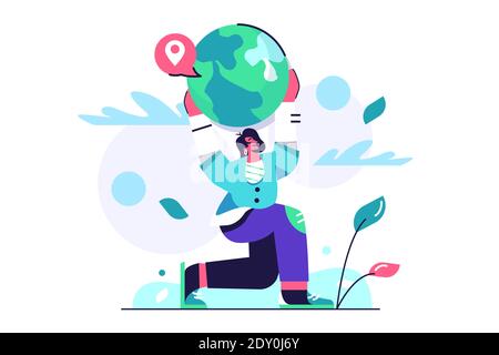 Concept girl holding planet earth in her hands Stock Vector