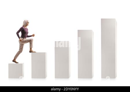 Young woman walking on stairs of white column bars isolated on white background Stock Photo