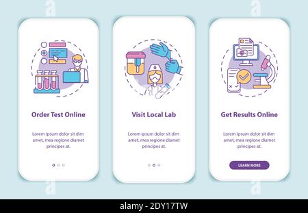 Lab test ordering steps onboarding mobile app page screen with concepts Stock Vector