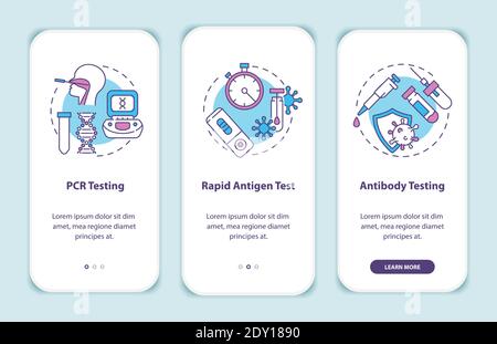 Covid testing types onboarding mobile app page screen with concepts Stock Vector